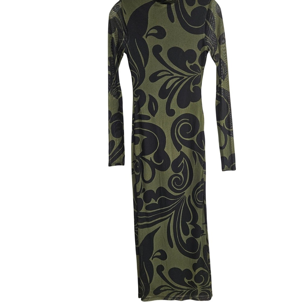 Premier Amour Womens Olive Grn Black Mesh Swirl Mock Neck Maxi Dress 2 P6TK2019
